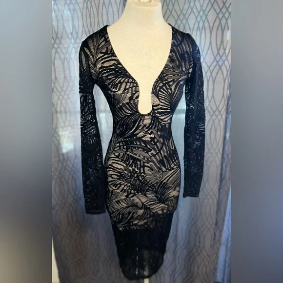 Bebe Dresses | Bebe Black Lace Dress Tan Underlining Low Cut V-Neck Longsleeve [G-41] | Color: Black | Size: Xs | Tiacecifinds's Closet